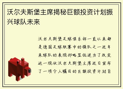 沃尔夫斯堡主席揭秘巨额投资计划振兴球队未来